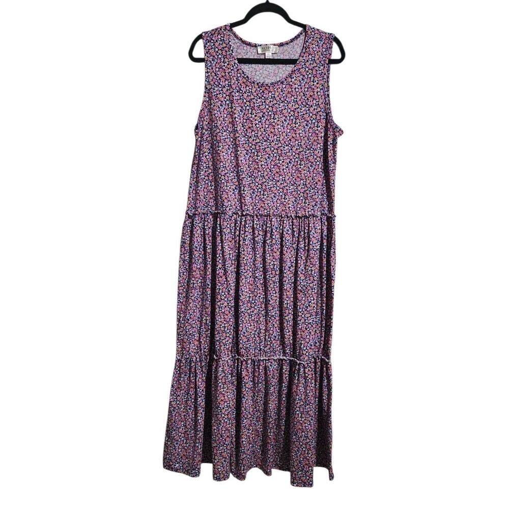 Soho Apparel Women's Tiered Maxi Ditzy Floral Pink Dress Plus Size 2X Sleeveless